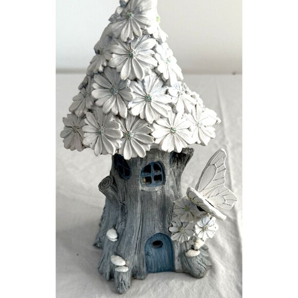 Whimsical Floral Fairy House Tree Figurine With Butterfly & Solar Panel For Gard - Picture 1 of 4